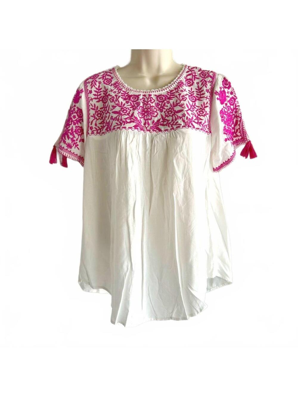 Savanna Jane Hot Pink Embroidered Tassel Top Short Sleeves | Size Small
